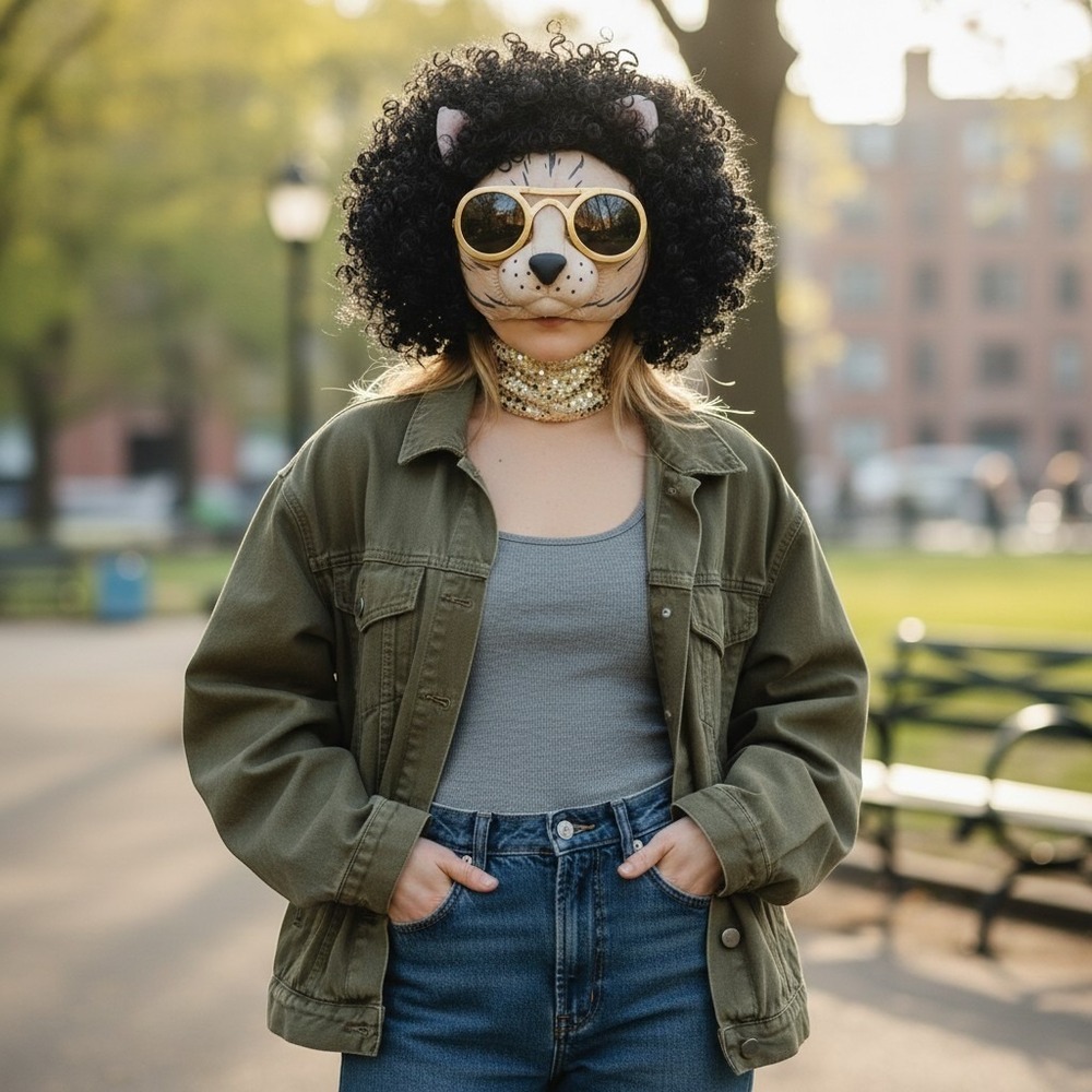 Kool Kitty Disco Cat Head Mask Mascot Head Curly Afro Gold Glasses Halloween